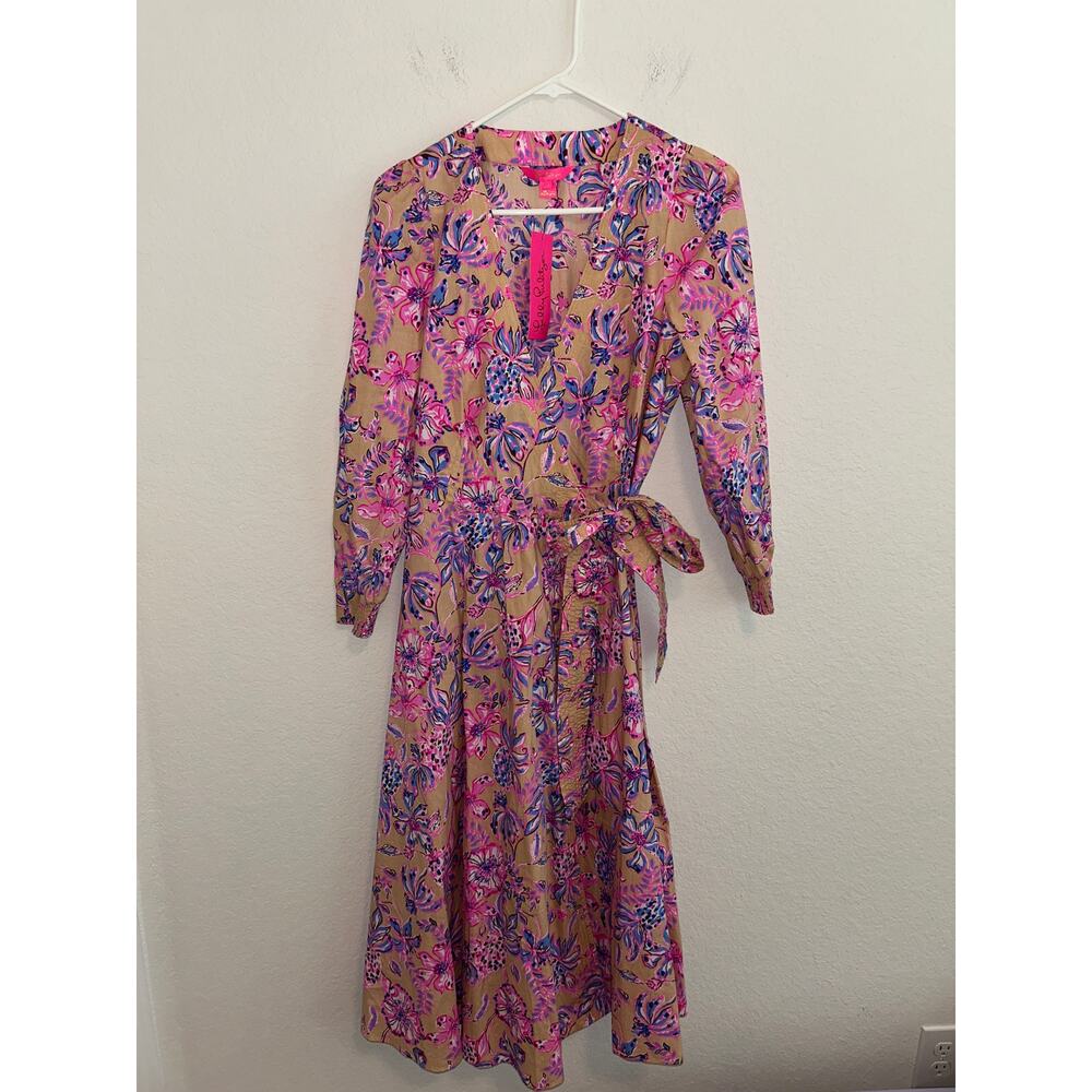 Lilly Pulitzer Shiela 3/4 Sleeve Cotton Midi Wrap Dress Sz 4